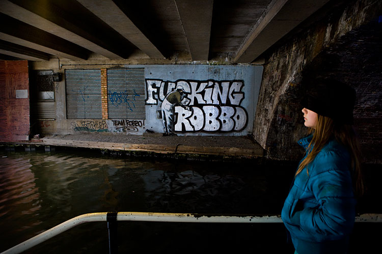 Graffiti War goes on : F ing Robbo by Banksy : Regents Canal Camden : London