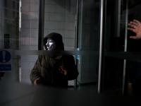 Lone V Mask Protester attempts to take Blackstone : City of London : UK